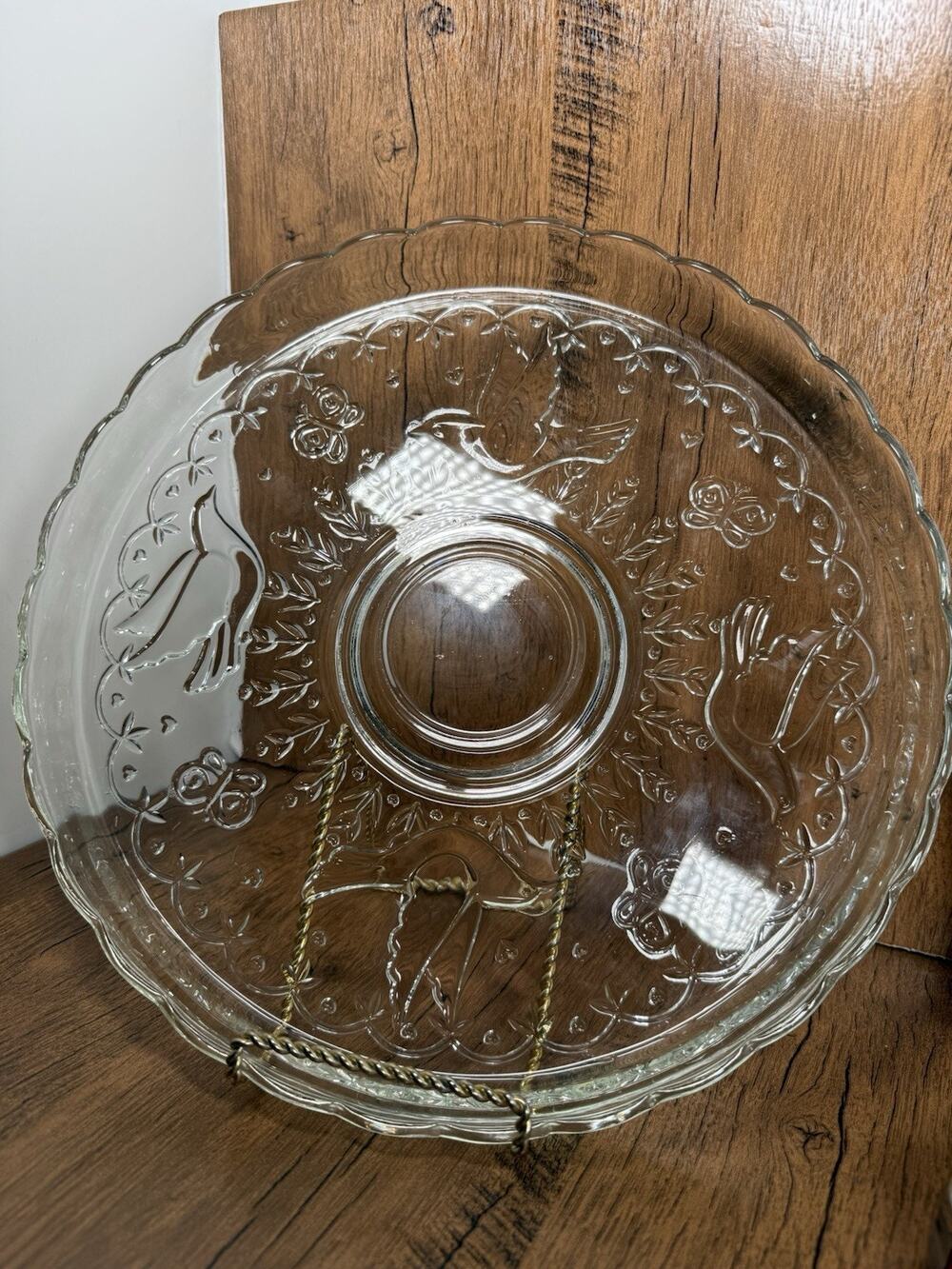 Mikasa Serving Platter Cake Dish Clear Glass Spring Garden Doves 11.75"